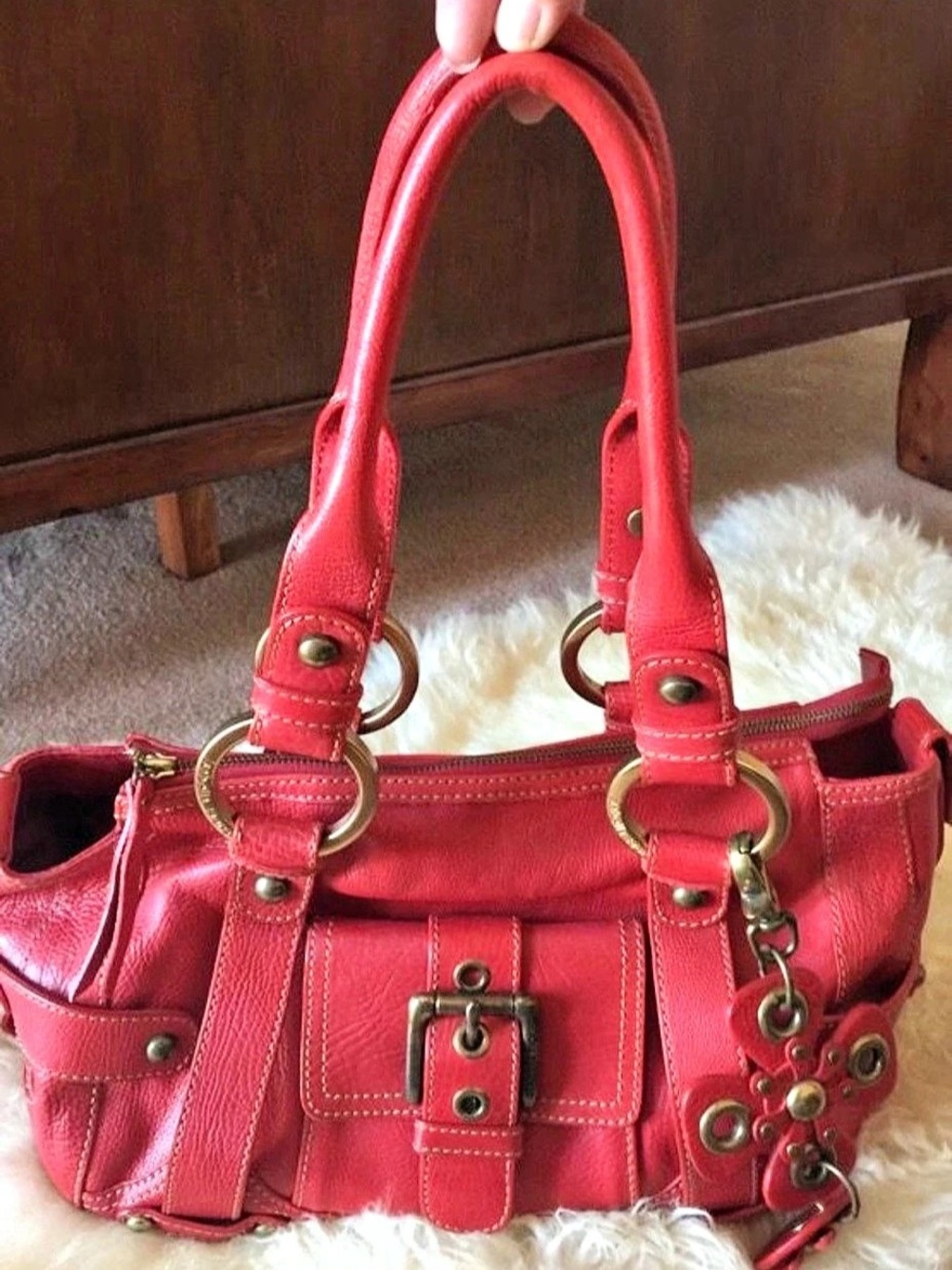 Isabella Fiore Vintage Red Pebbled Leather Shoulder Bag Satchel with Flower Char